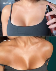 Before and after comparison of a person using a skincare product on their shoulder.