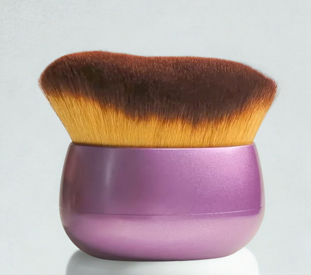 Makeup brush with brown bristles and purple handle on a light gray background