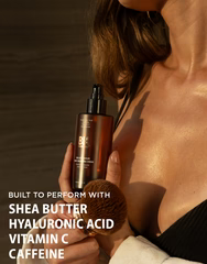 Person holding a skincare product with text highlighting ingredients like shea butter, hyaluronic acid, vitamin C, and caffeine.