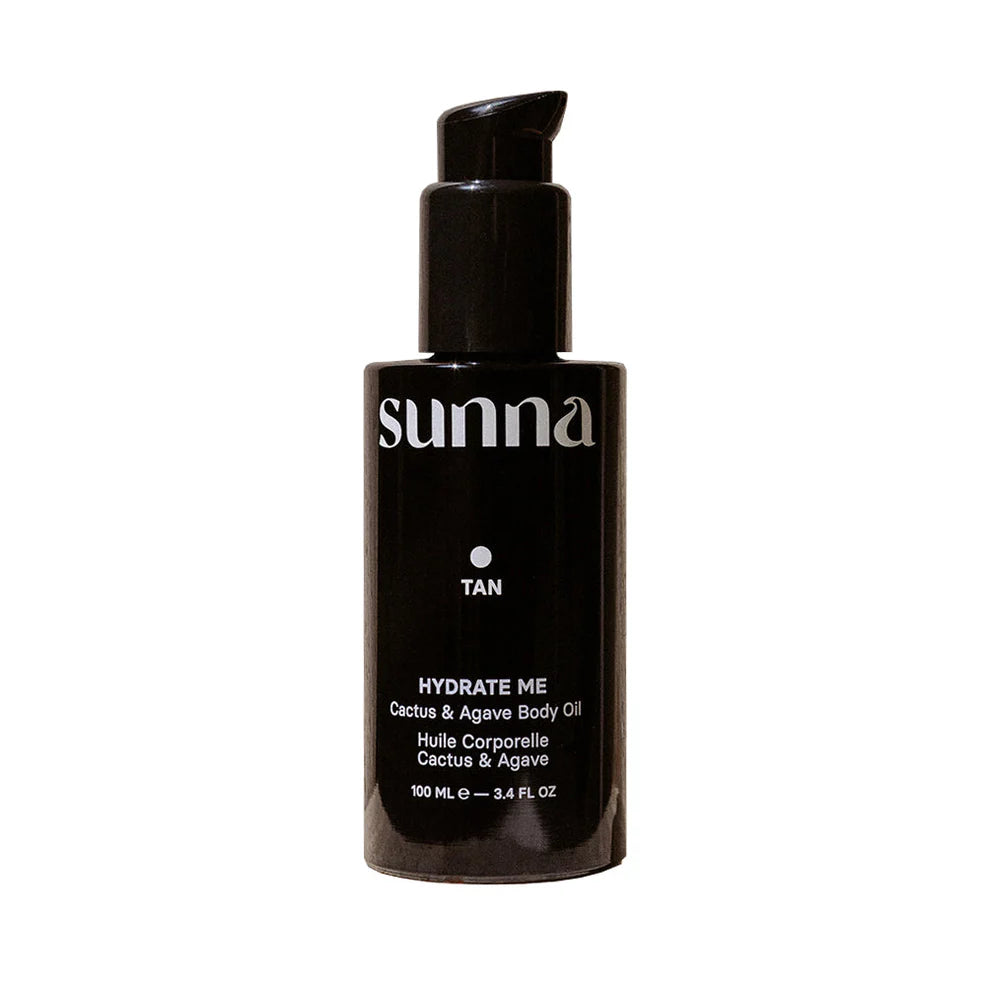 Black bottle of sunna hydrate me cactus & agave body oil on a white background
