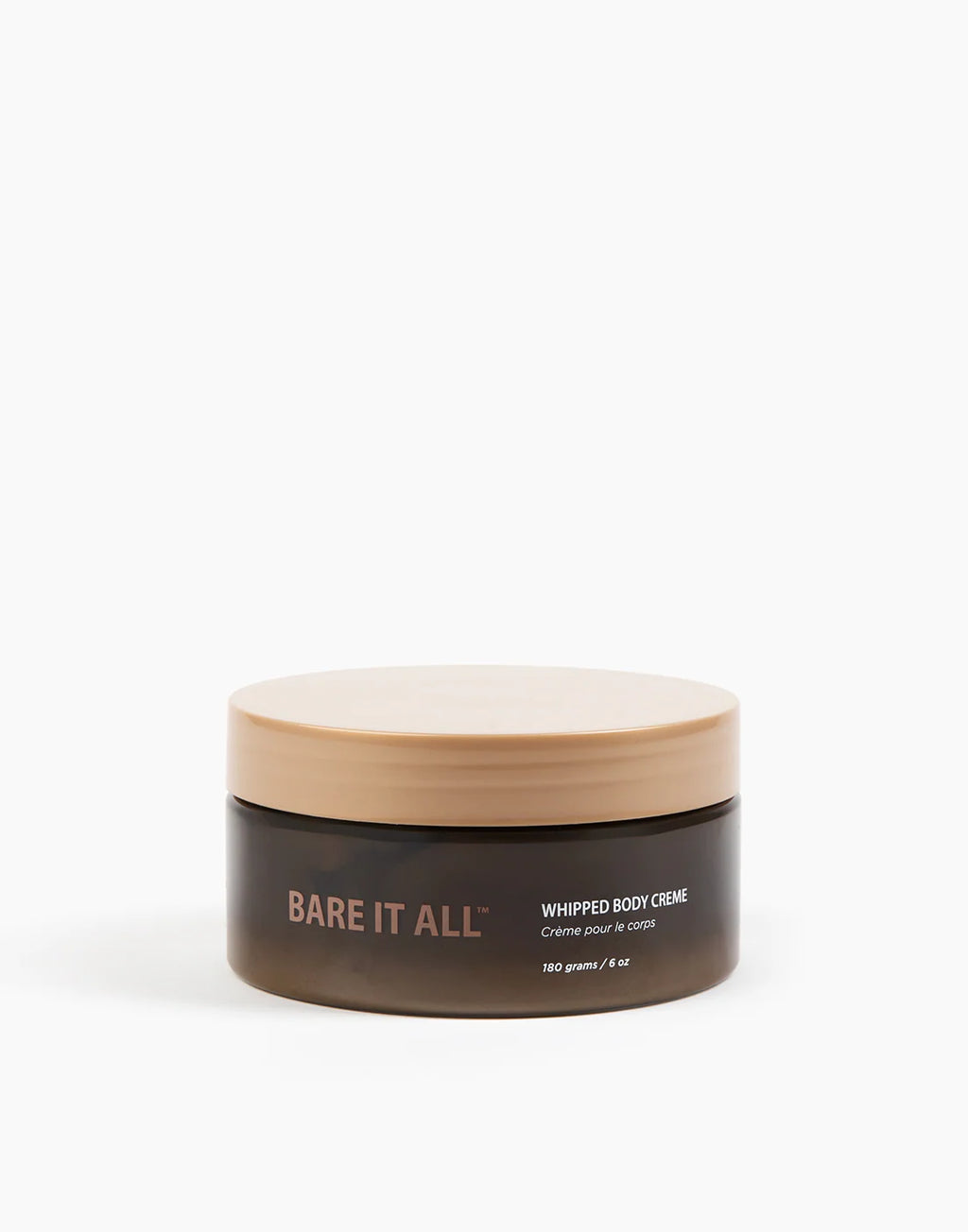 Jar of 'Bare It All' whipped body crème on a white background